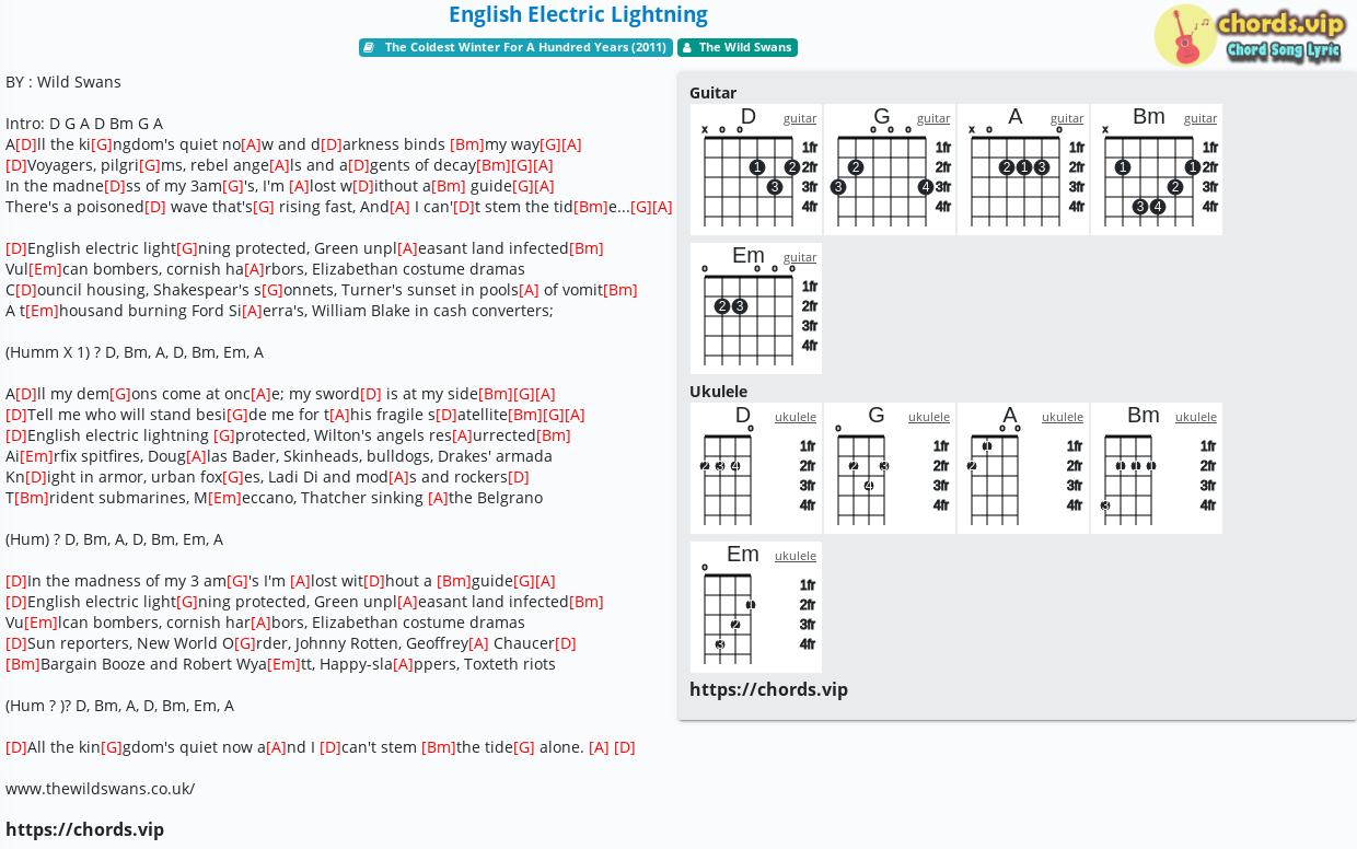 Chord English Electric Lightning The Wild Swans Tab Song Lyric Sheet Guitar Ukulele Chords Vip