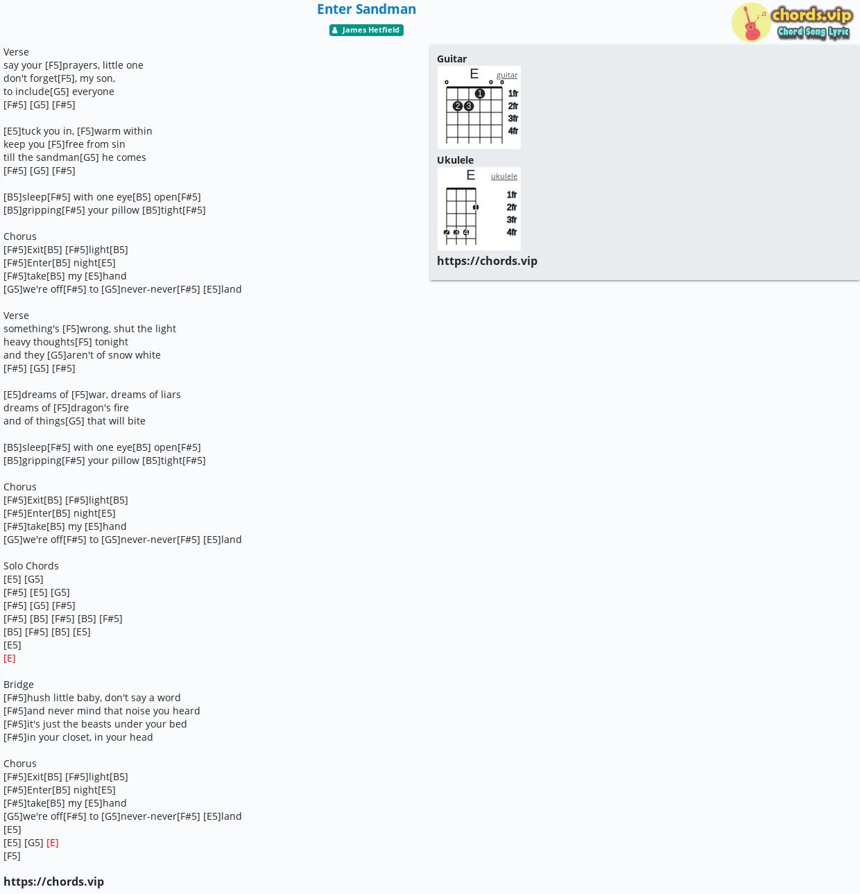 Ydeevne Landmand Paine Gillic Chord: Enter Sandman - James Hetfield - tab, song lyric, sheet, guitar,  ukulele | chords.vip