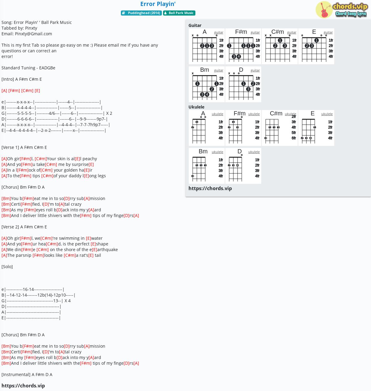 Chord Error Playin Ball Park Music Tab Song Lyric Sheet Guitar Ukulele Chords Vip