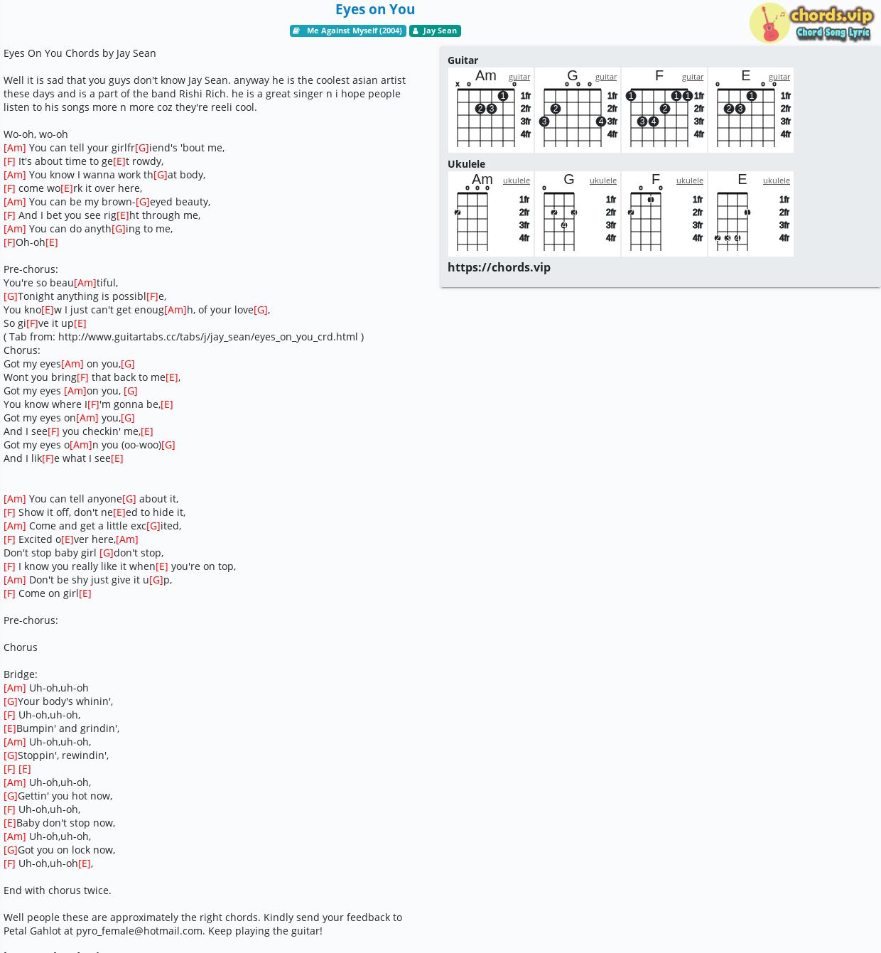 Chord: Eyes On You - Jay Sean - Tab, Song Lyric, Sheet, Guitar, Ukulele | Chords.vip