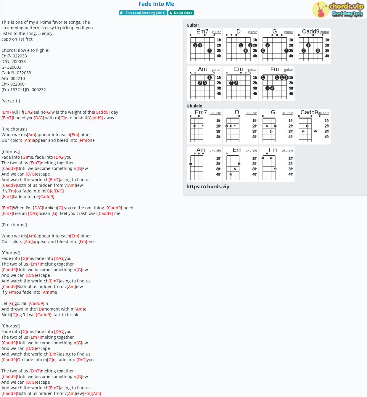 Chord Fade Into Me David Cook Tab Song Lyric Sheet Guitar Ukulele Chords Vip