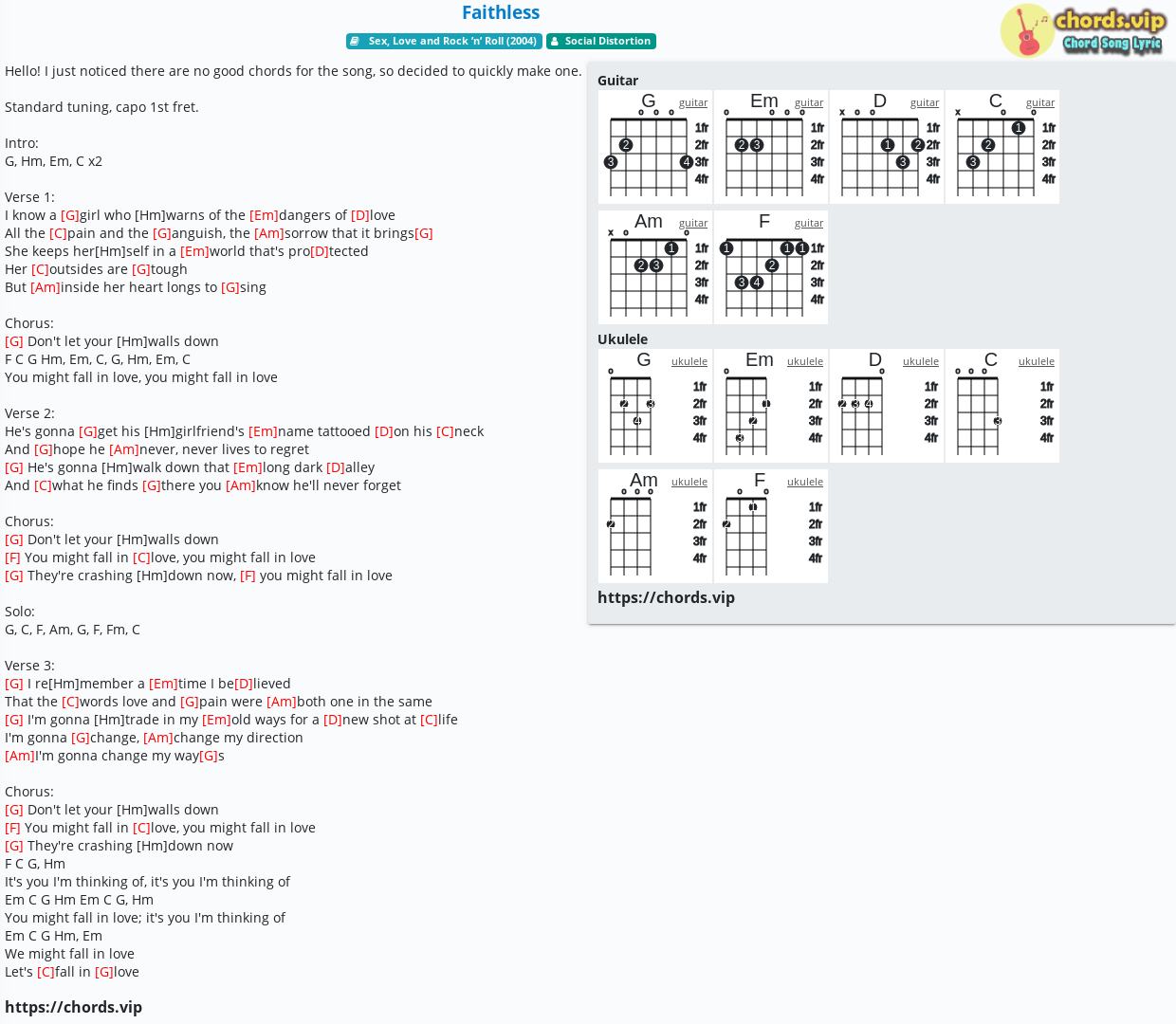 Chord Faithless Social Distortion Tab Song Lyric Sheet Guitar Ukulele Chords Vip