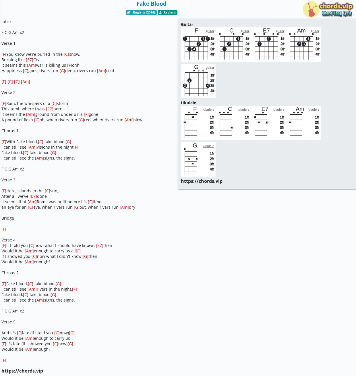 Chord Fake Blood Raglans Tab Song Lyric Sheet Guitar Ukulele Chords Vip