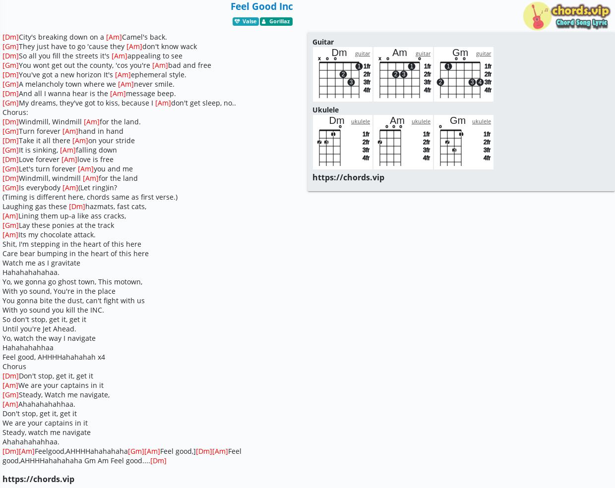 Chord Feel Good Inc Gorillaz Tab Song Lyric Sheet Guitar Ukulele Chords Vip