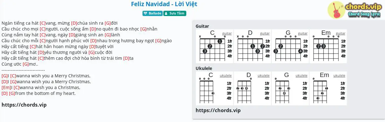 Feliz Navidad - Lời Việt - Sưu Tầm - tab, song lyric, sheet, guitar, |