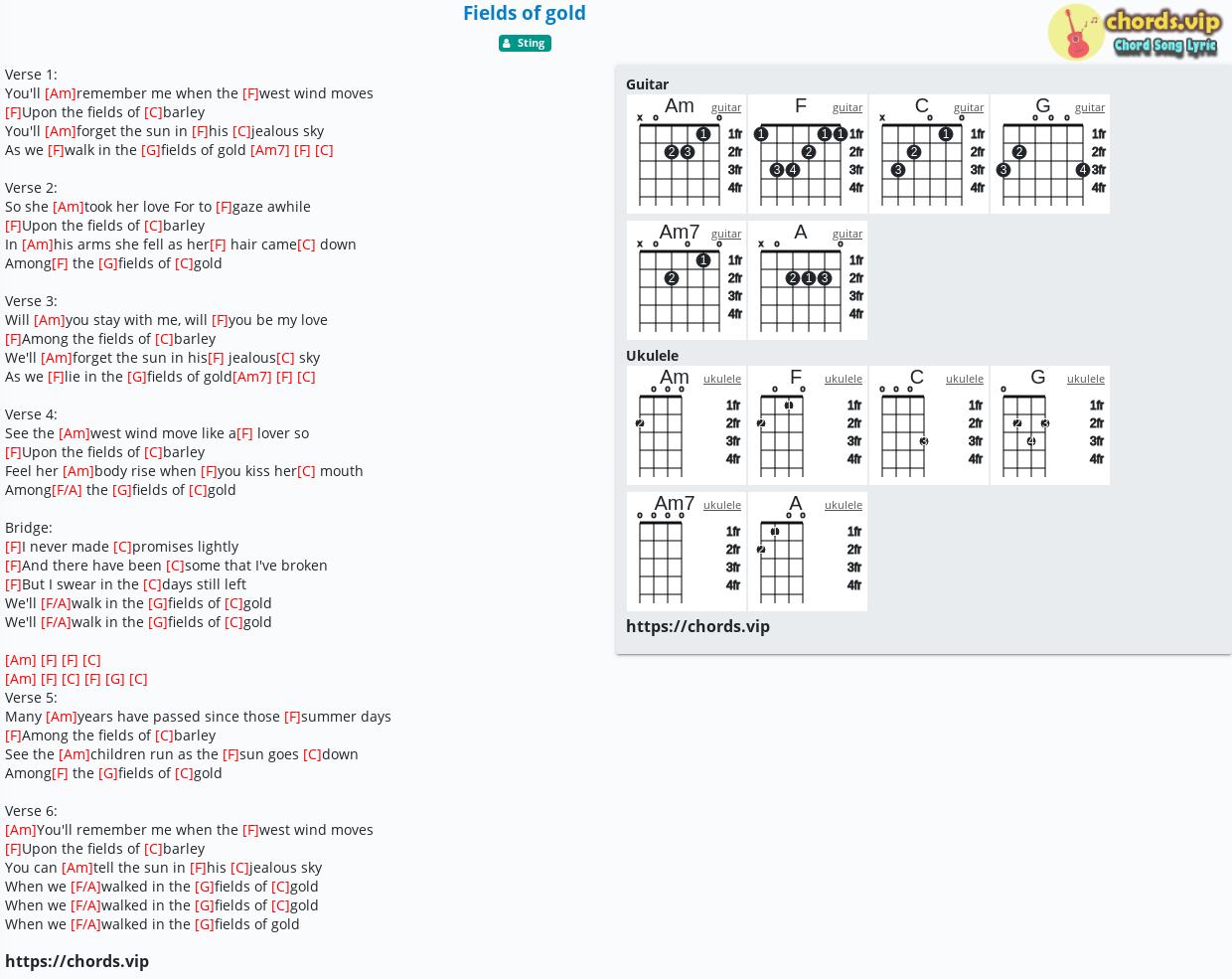 Chord Fields Of Gold Sting Tab Song Lyric Sheet Guitar Ukulele Chords Vip