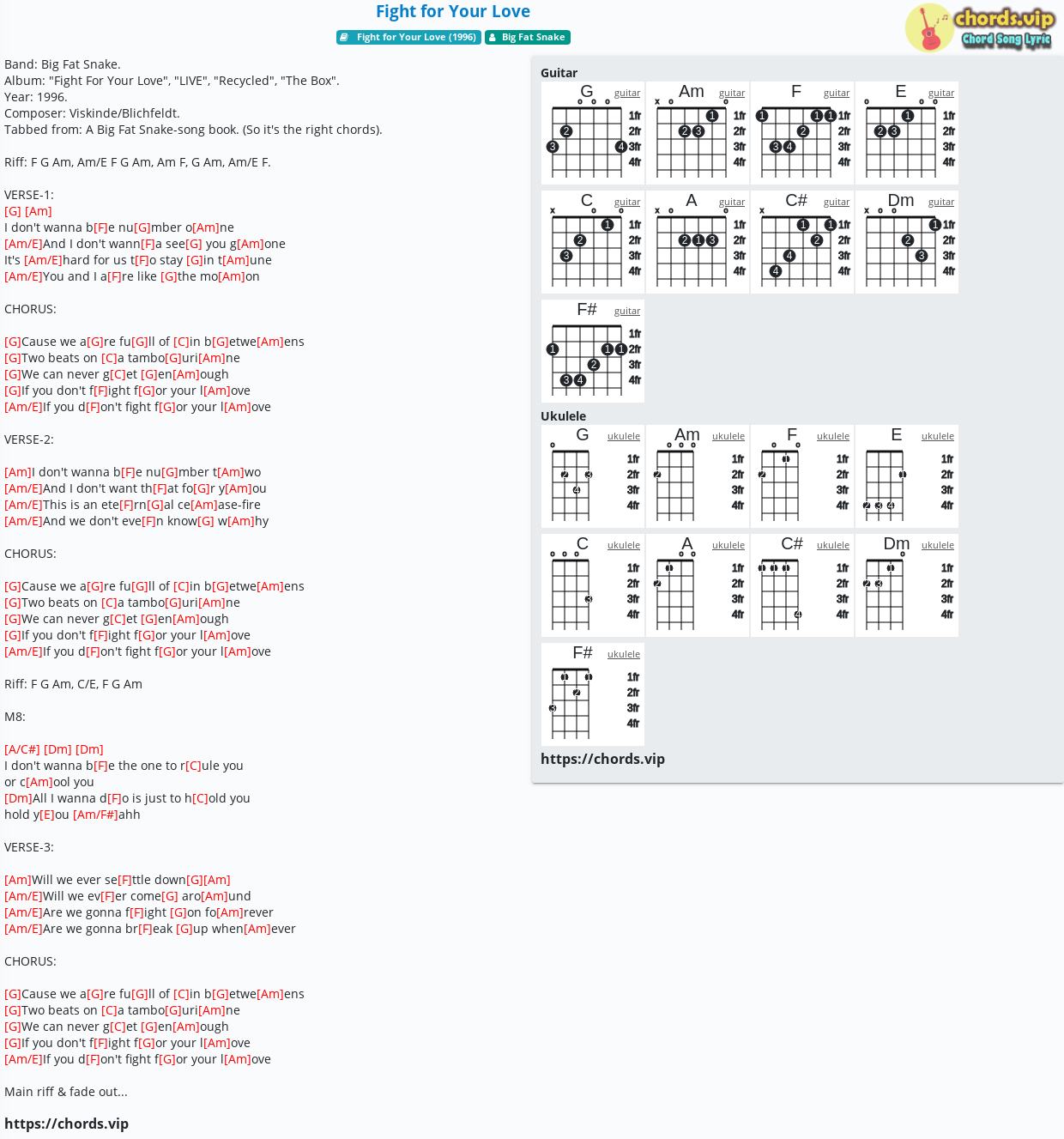 Chord Fight For Your Love Big Fat Snake Tab Song Lyric Sheet Guitar Ukulele Chords Vip