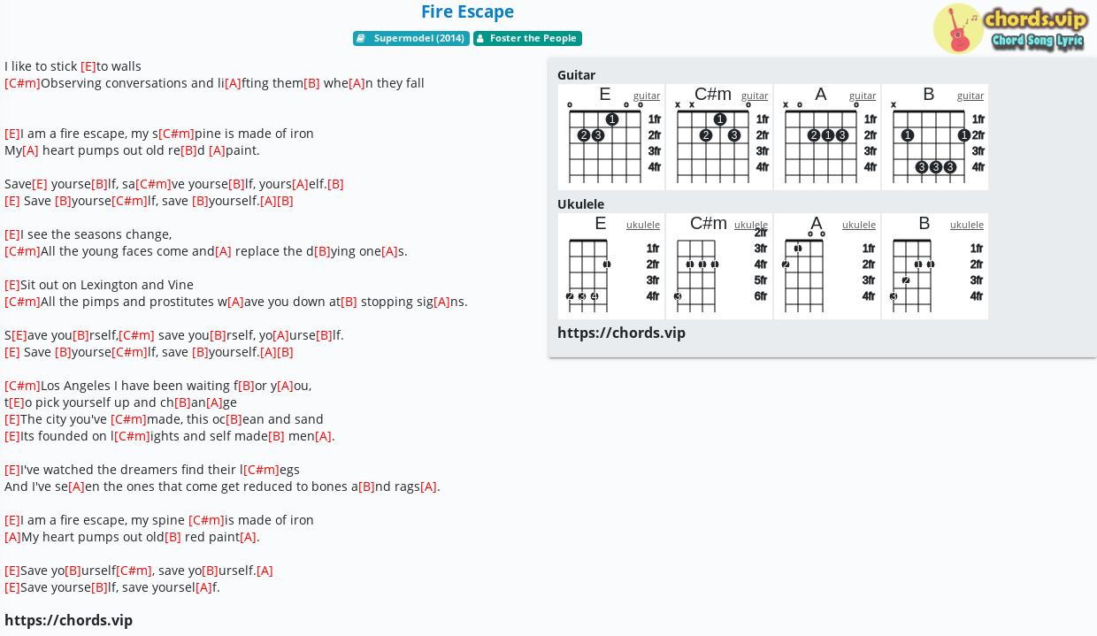 Chord Fire Escape Foster The People Tab Song Lyric Sheet Guitar Ukulele Chords Vip