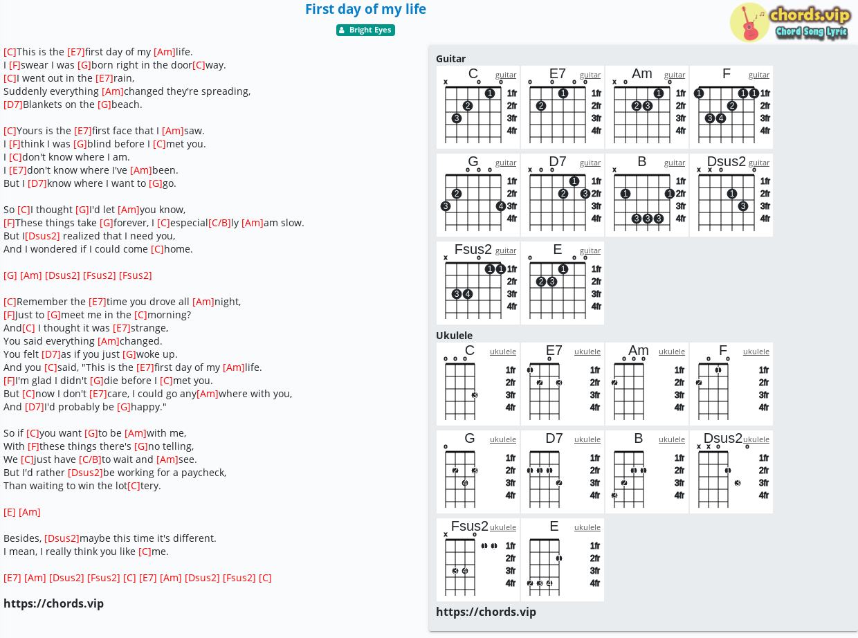 Chord First Day Of My Life Bright Eyes Tab Song Lyric Sheet Guitar Ukulele Chords Vip