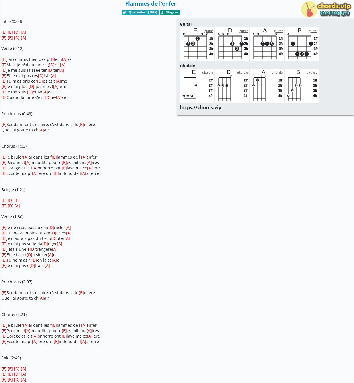 Chord Flammes De L Enfer Niagara Tab Song Lyric Sheet Guitar Ukulele Chords Vip