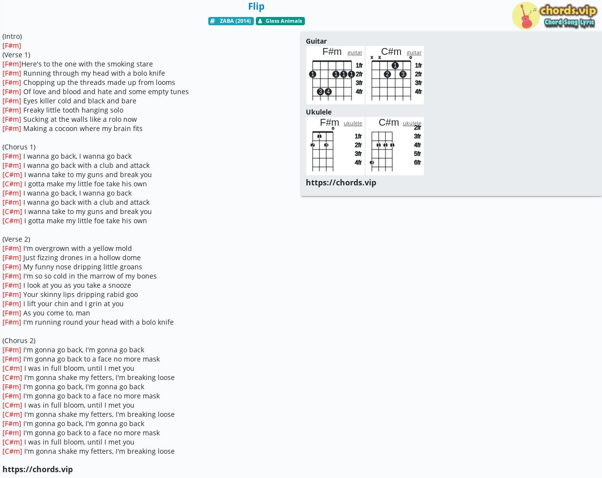 Chord: Flip - Glass Animals - tab, song lyric, sheet, guitar, ukulele