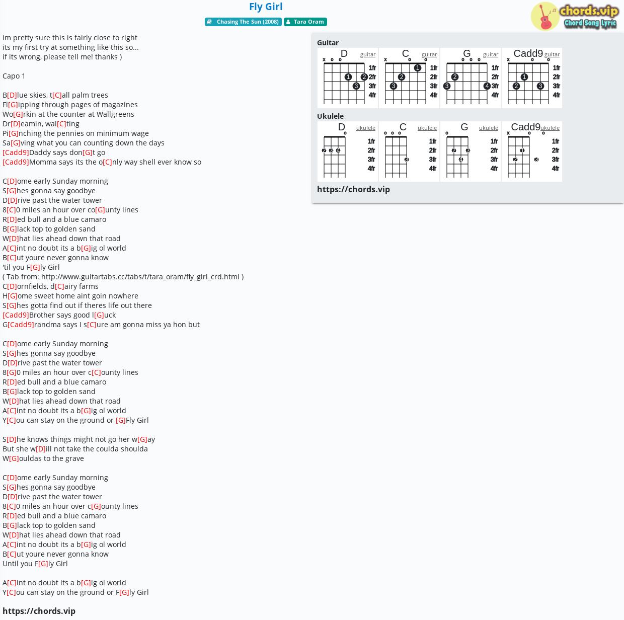 Chord Fly Girl Tara Oram Tab Song Lyric Sheet Guitar Ukulele Chords Vip