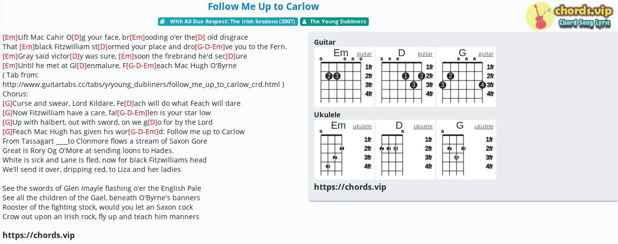 Chord Follow Me Up To Carlow The Young Dubliners Tab Song Lyric Sheet Guitar Ukulele Chords Vip