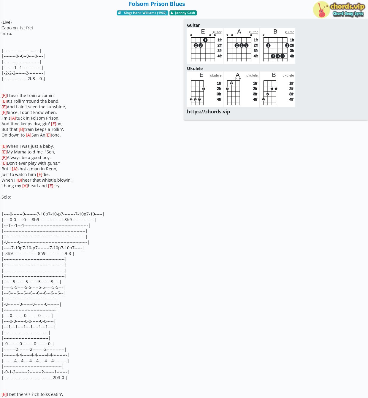 Chord Folsom Prison Blues tab, song lyric, sheet, guitar, ukulele