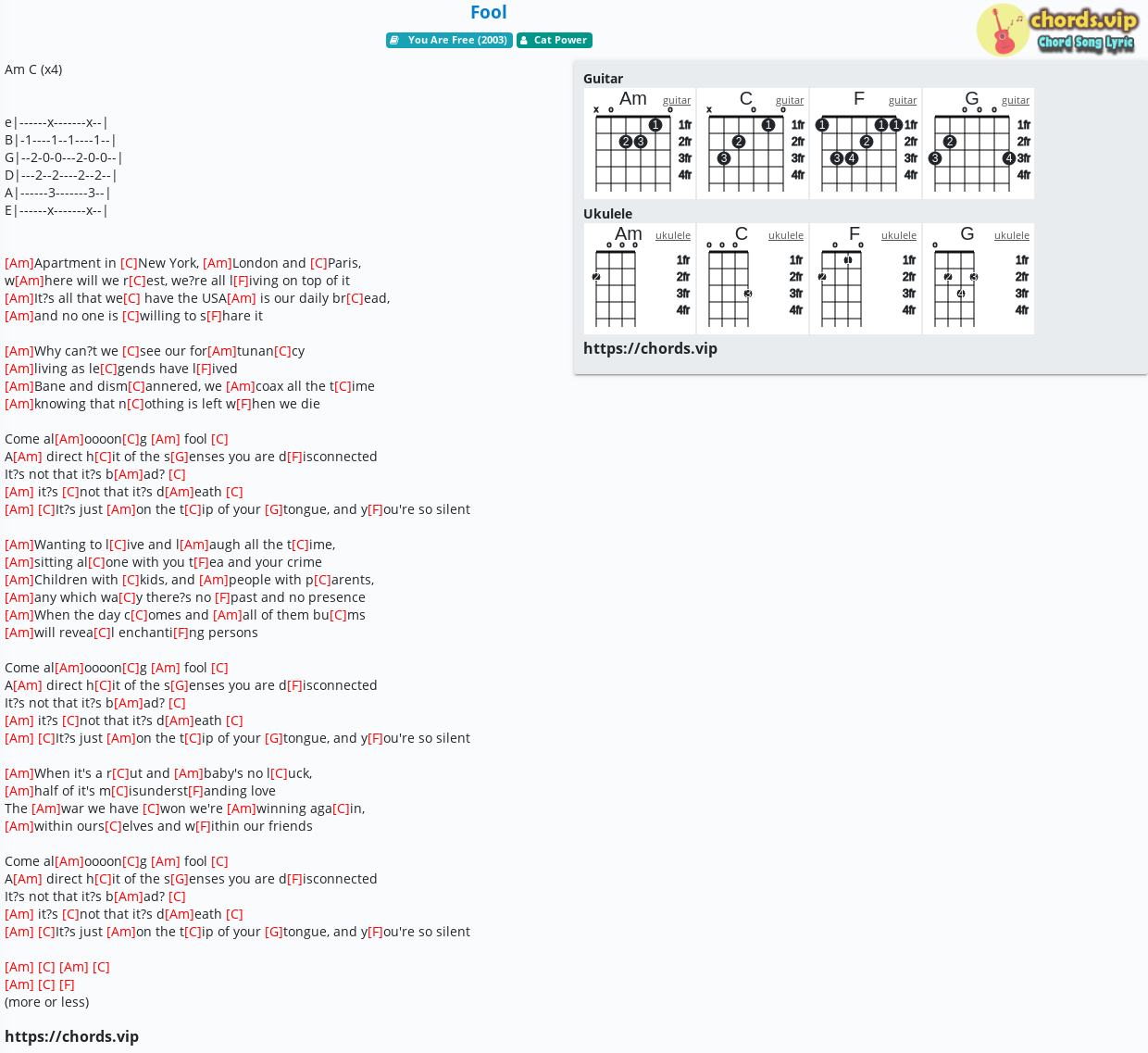 Chord Fool Cat Power Tab Song Lyric Sheet Guitar Ukulele Chords Vip