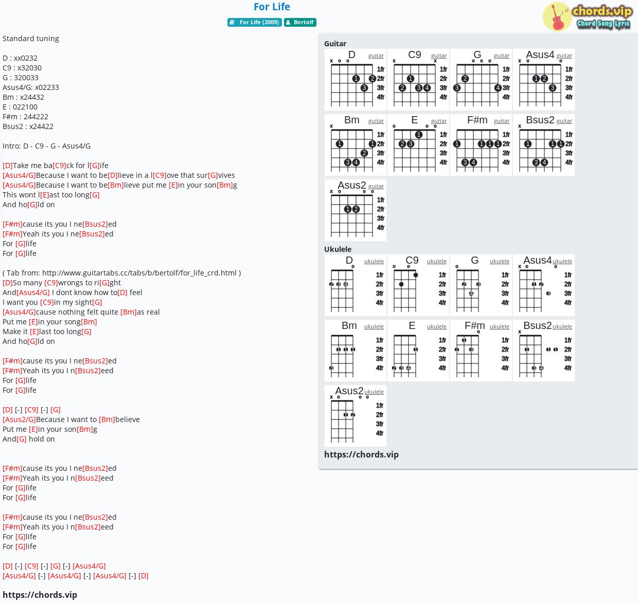 Chord: For Life - tab, song lyric, sheet, guitar, ukulele | chords.vip