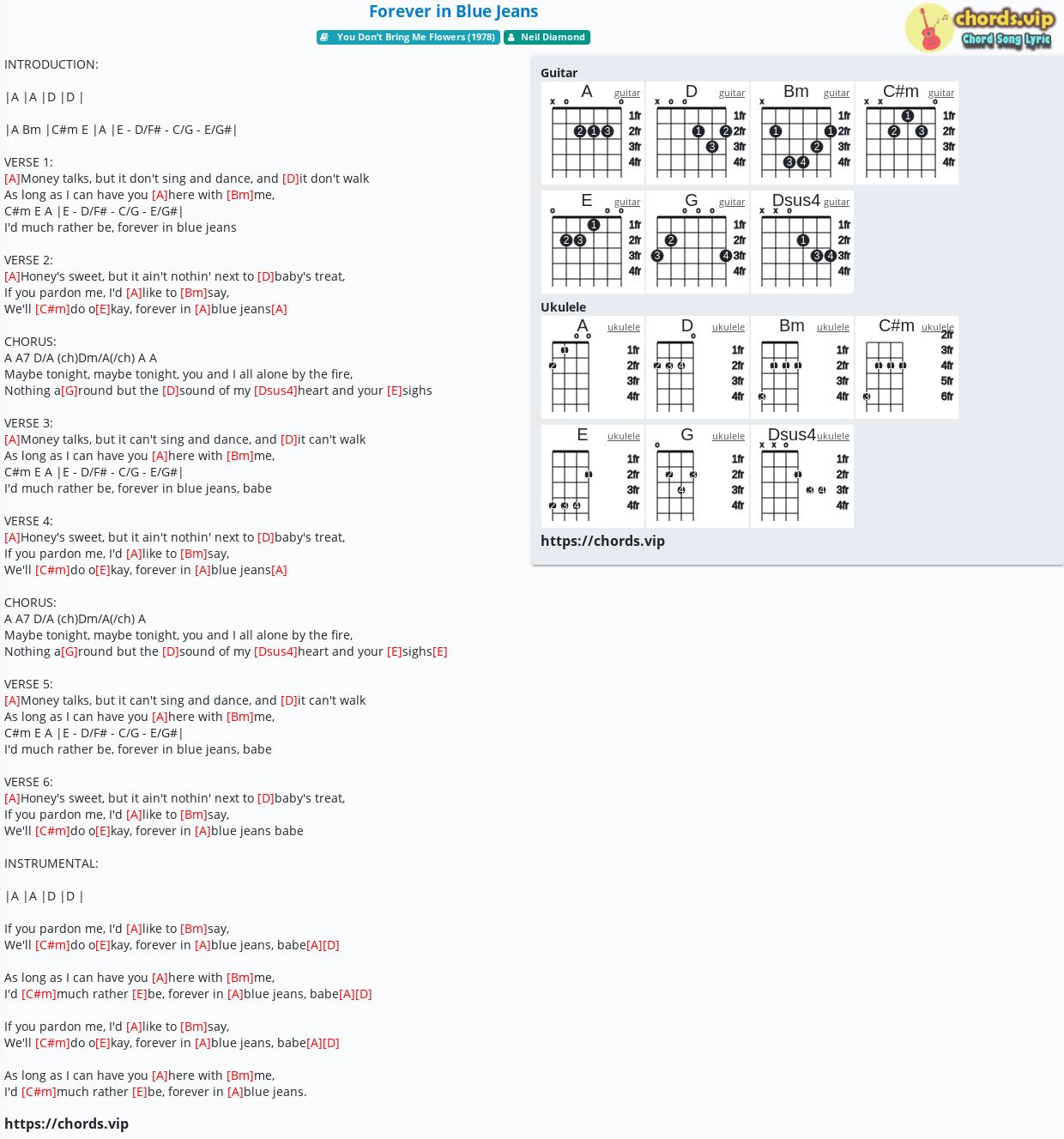 Chord: Forever in Blue Jeans - Neil Diamond - song sheet, guitar, ukulele | chords.vip