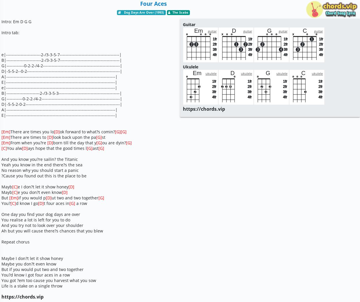 Chord Four Aces The Scabs Tab Song Lyric Sheet Guitar Ukulele Chords Vip