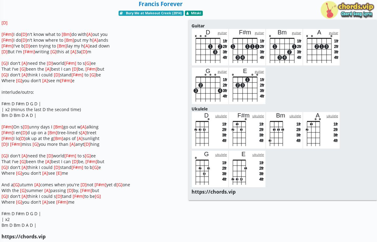 Chord Francis Forever Mitski Tab Song Lyric Sheet Guitar Ukulele Chords Vip