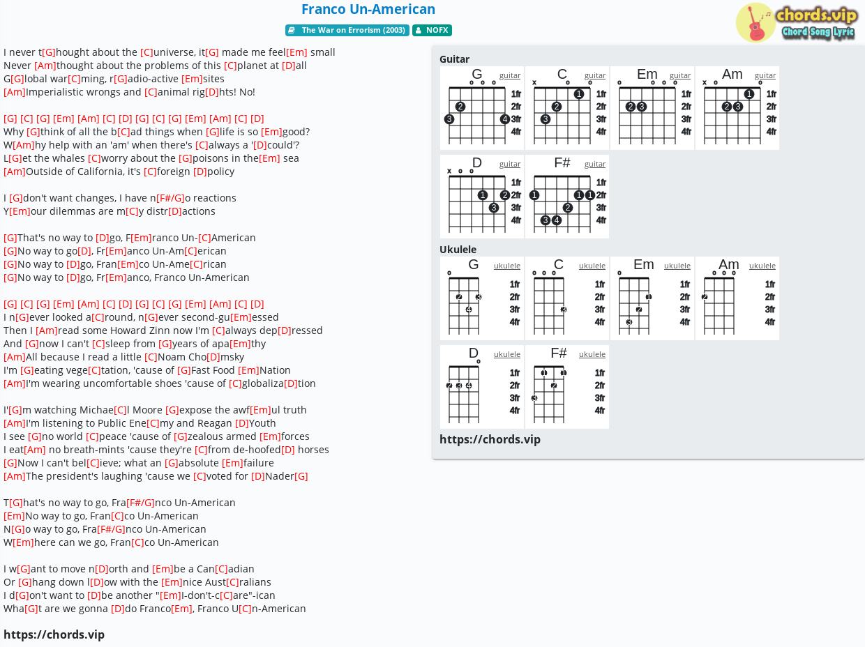 Chord Franco Un American Nofx Tab Song Lyric Sheet Guitar Ukulele Chords Vip