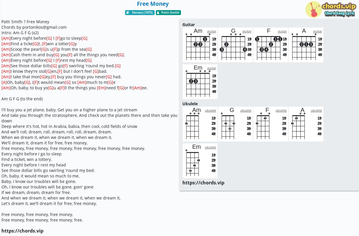 Chord Free Money Patti Smith Tab Song Lyric Sheet Guitar Ukulele Chords Vip