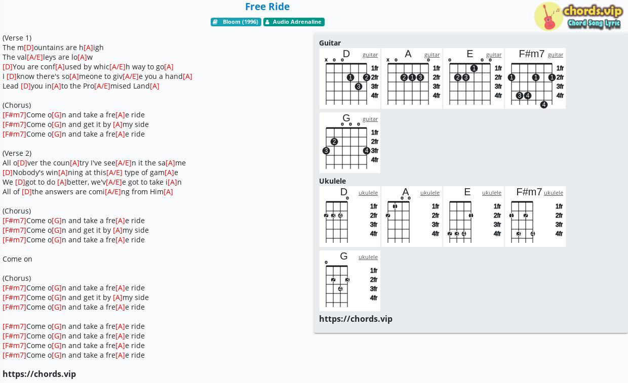 Chord Free Ride Audio Adrenaline Tab Song Lyric Sheet Guitar Ukulele Chords Vip