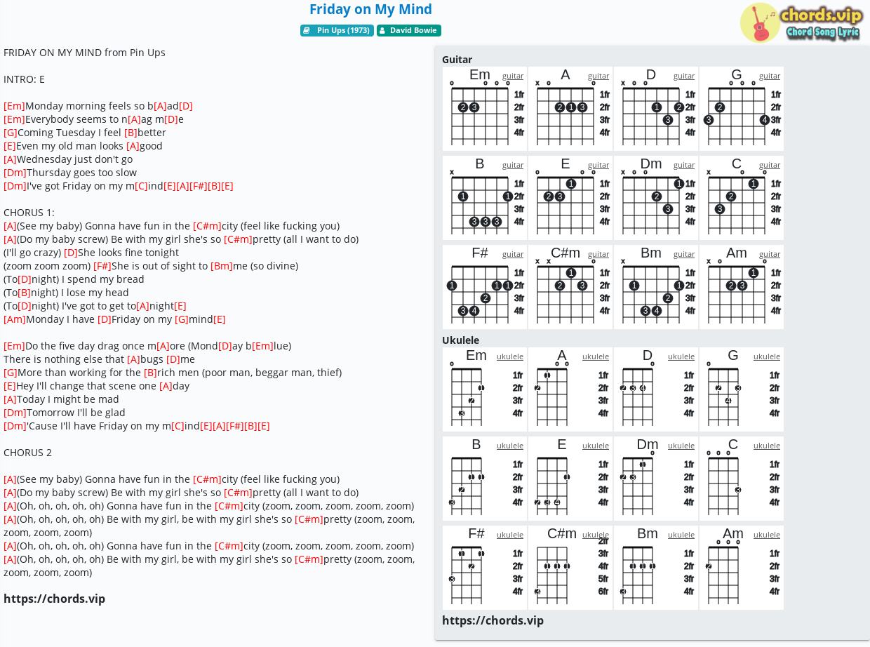 Chord Friday On My Mind David Bowie Tab Song Lyric Sheet Guitar Ukulele Chords Vip