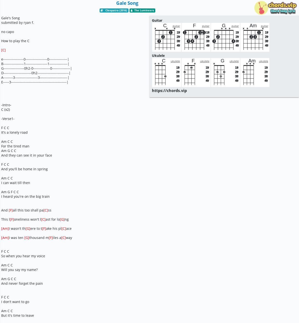 Chord Gale Song The Lumineers Tab Song Lyric Sheet Guitar Ukulele Chords Vip