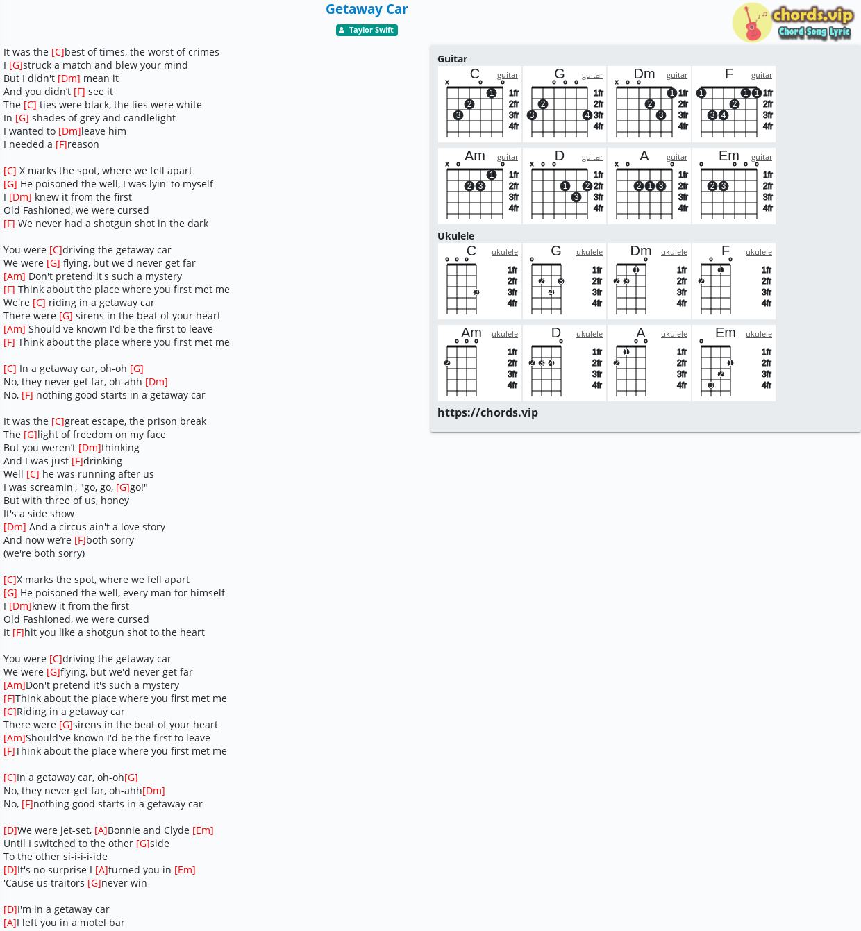 Chord Getaway Car Taylor Swift Tab Song Lyric Sheet Guitar Ukulele Chords Vip