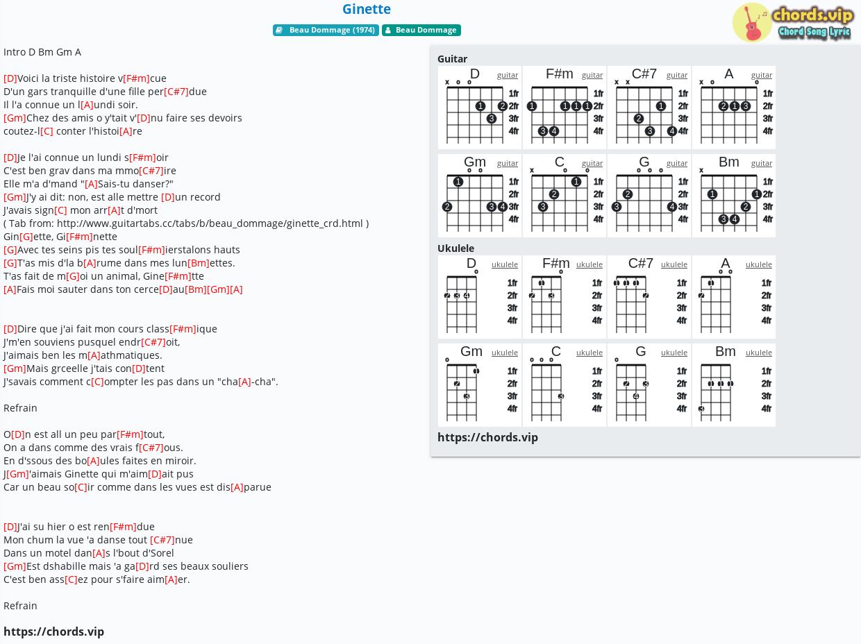 Chord Ginette Beau Dommage Tab Song Lyric Sheet Guitar Ukulele Chords Vip