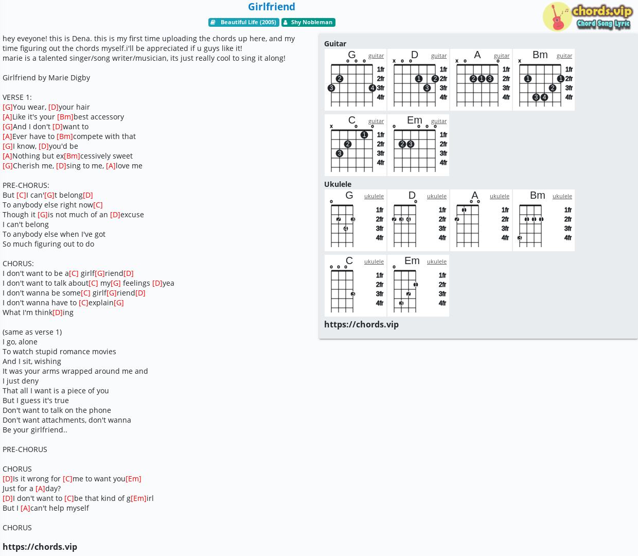 Chord Girlfriend Shy Nobleman Tab Song Lyric Sheet Guitar Ukulele Chords Vip