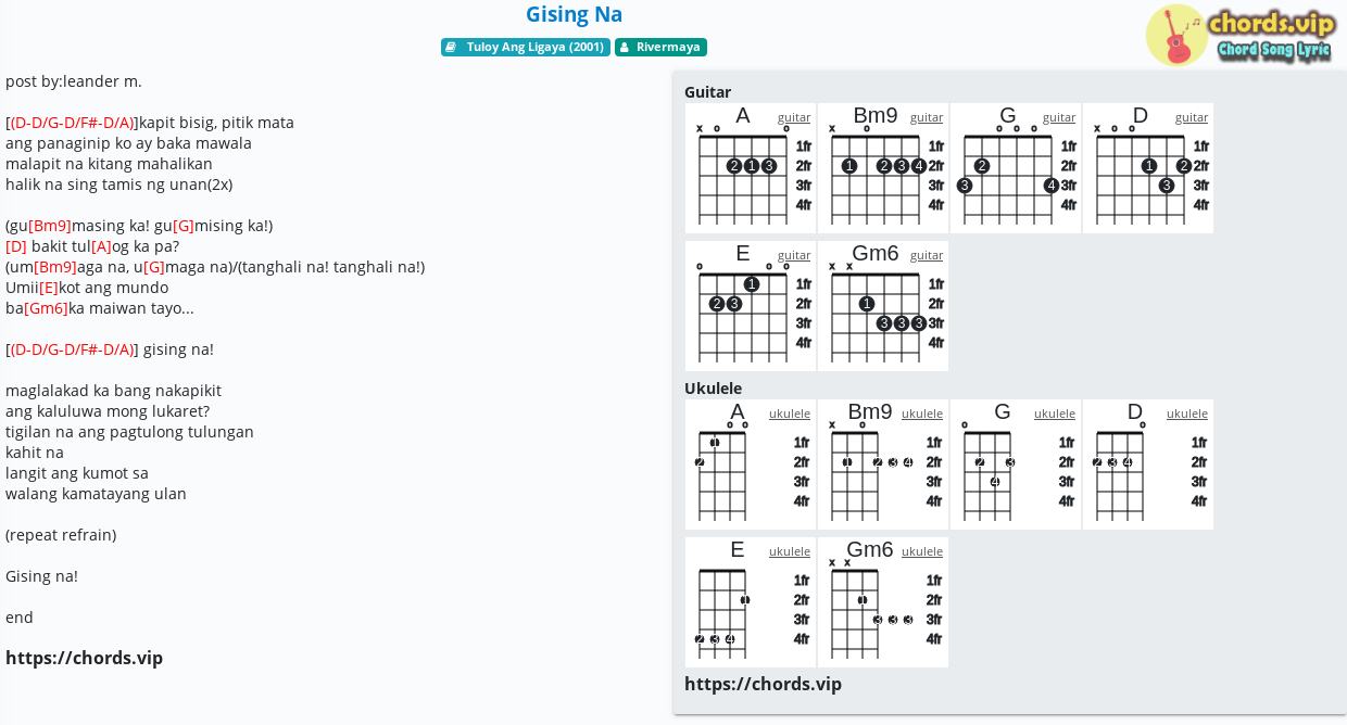 Chord: Gising Na - Rivermaya - tab, song lyric, sheet, guitar, ukulele