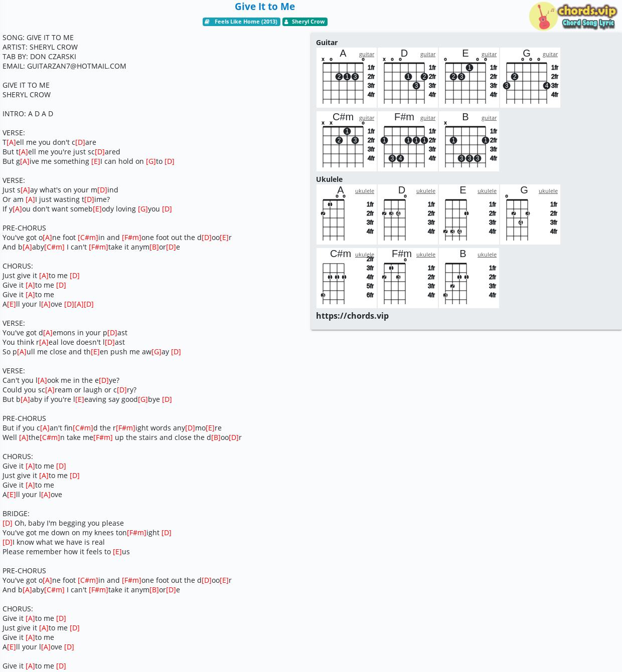 Chord Give It To Me Sheryl Crow Tab Song Lyric Sheet Guitar Ukulele Chords Vip