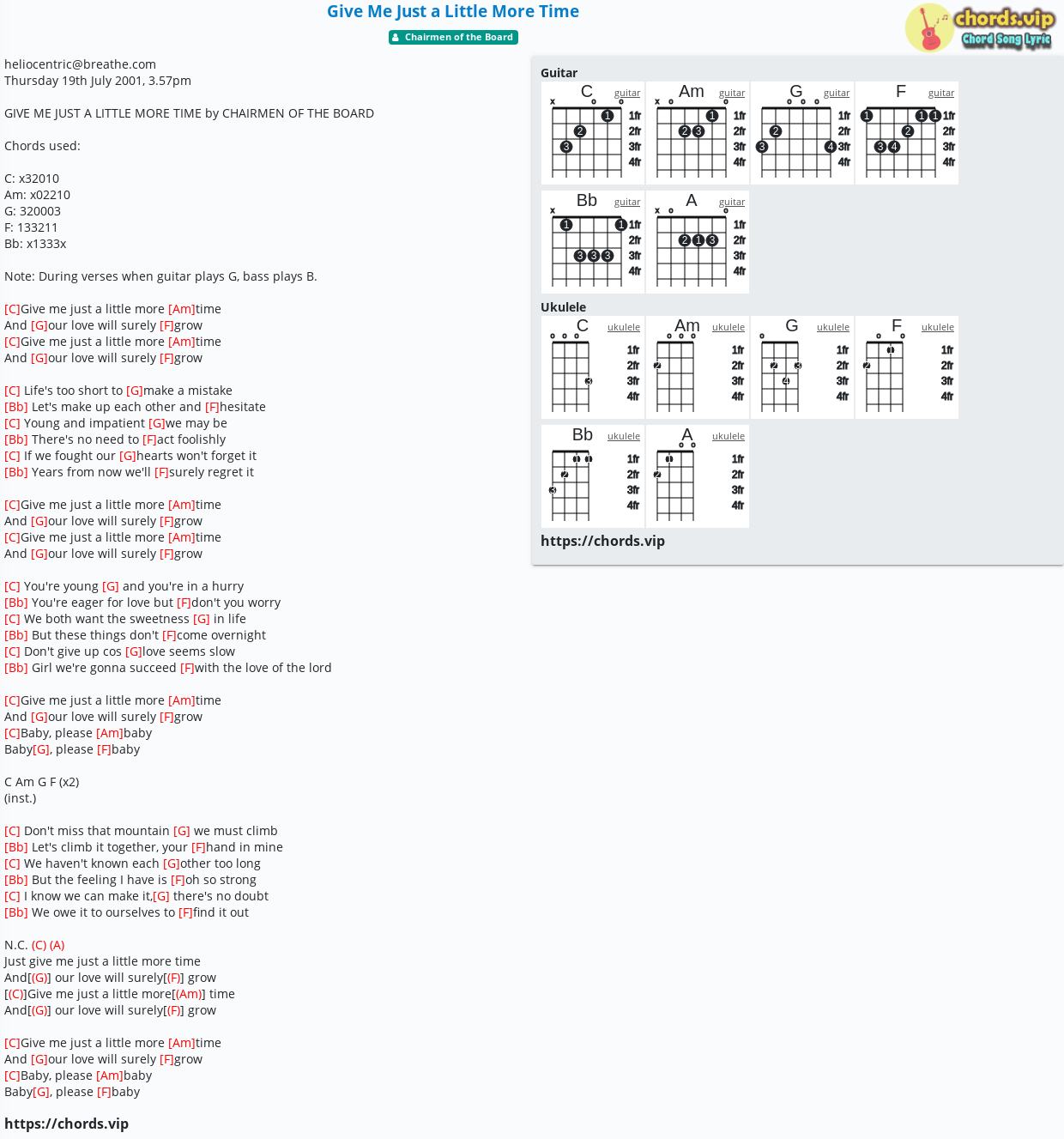 Chord: Give Me Just a Little More Time - of the Board - tab, song lyric, sheet, guitar, ukulele | chords.vip