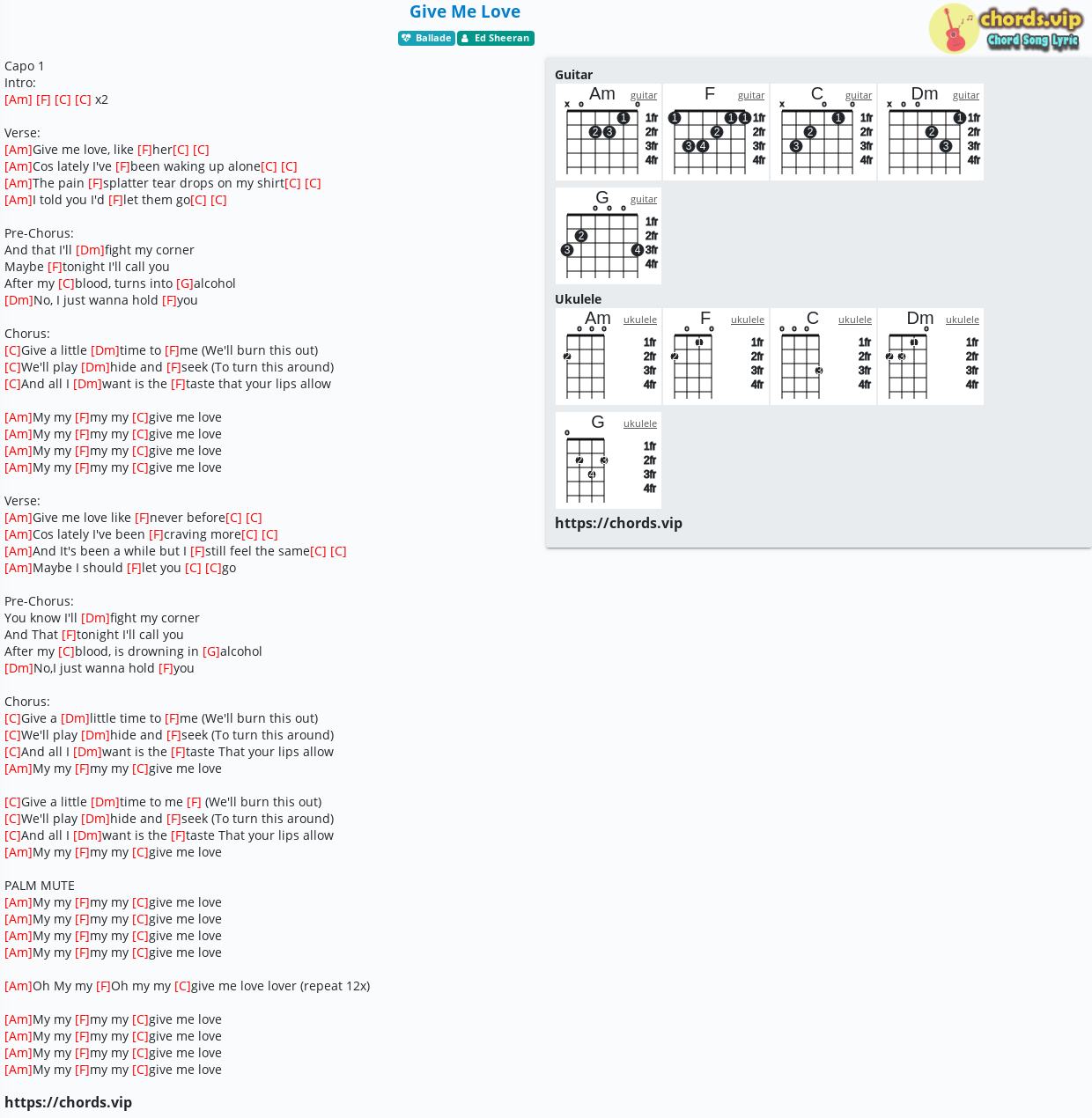 Chord: Give Love - Ed Sheeran - tab, song lyric, sheet, guitar, ukulele | chords.vip