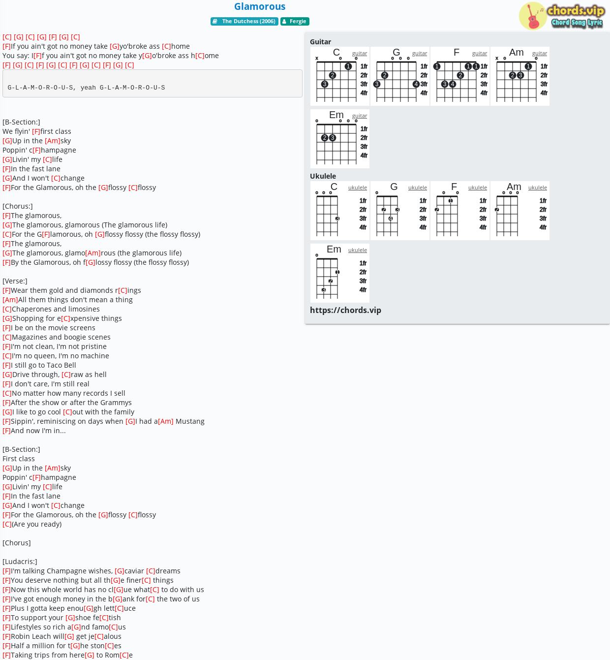 Chord Glamorous Fergie Tab Song Lyric Sheet Guitar Ukulele Chords Vip