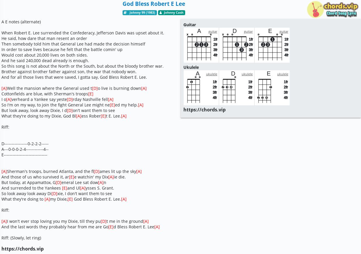 Chord: God Bless Robert E Lee - Johnny Cash - tab, song lyric, sheet,  guitar, ukulele 