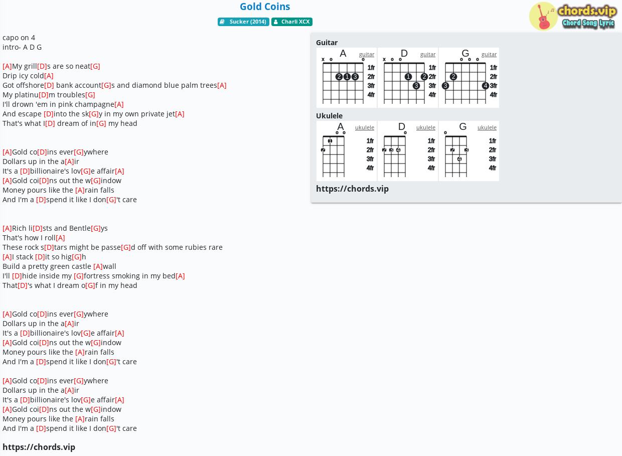 Chord Gold Coins Charli Xcx Tab Song Lyric Sheet Guitar Ukulele Chords Vip