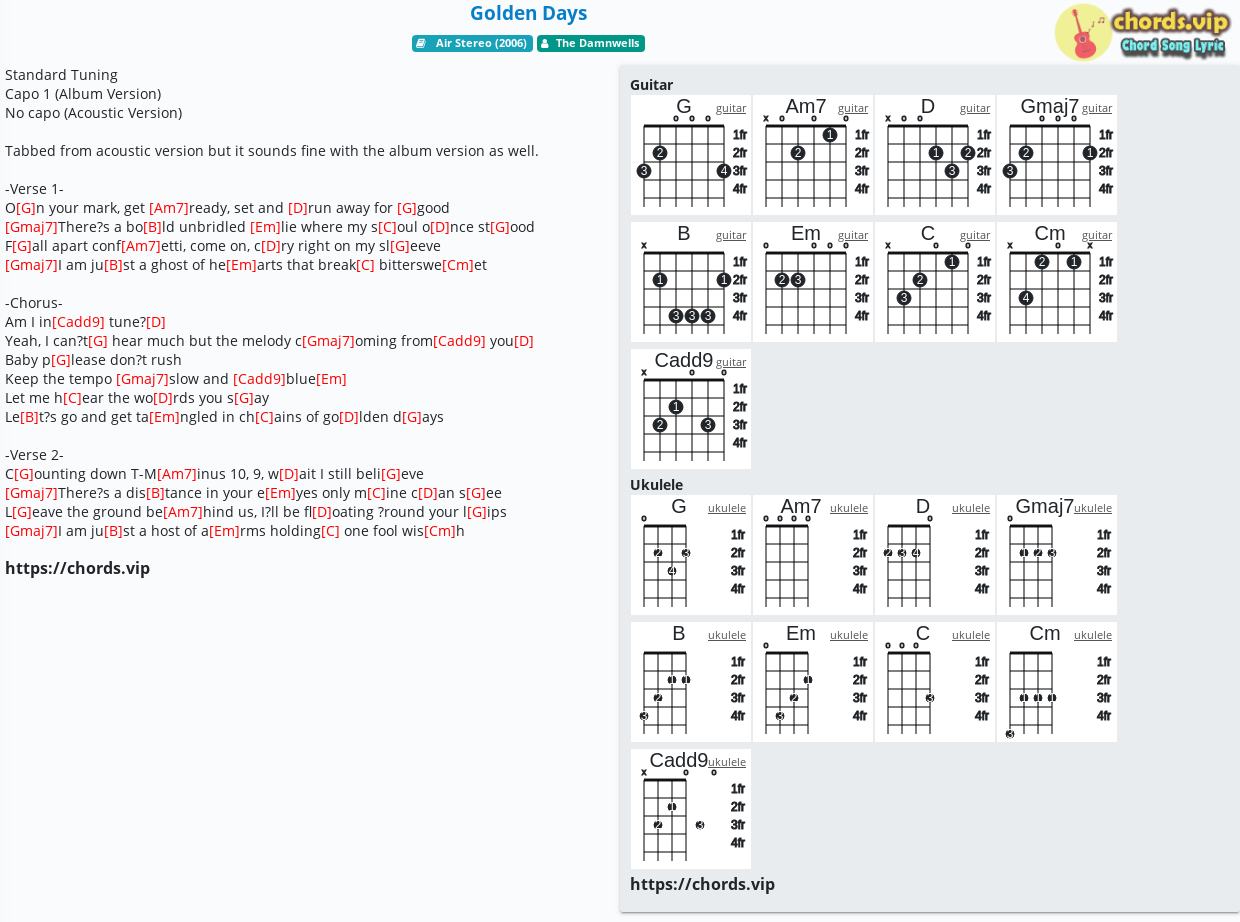 Chord Golden Days The Damnwells Tab Song Lyric Sheet Guitar Ukulele Chords Vip