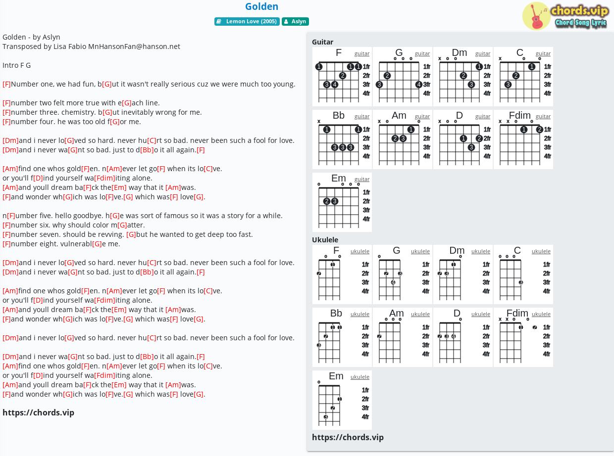 Chord Golden Aslyn Tab Song Lyric Sheet Guitar Ukulele Chords Vip