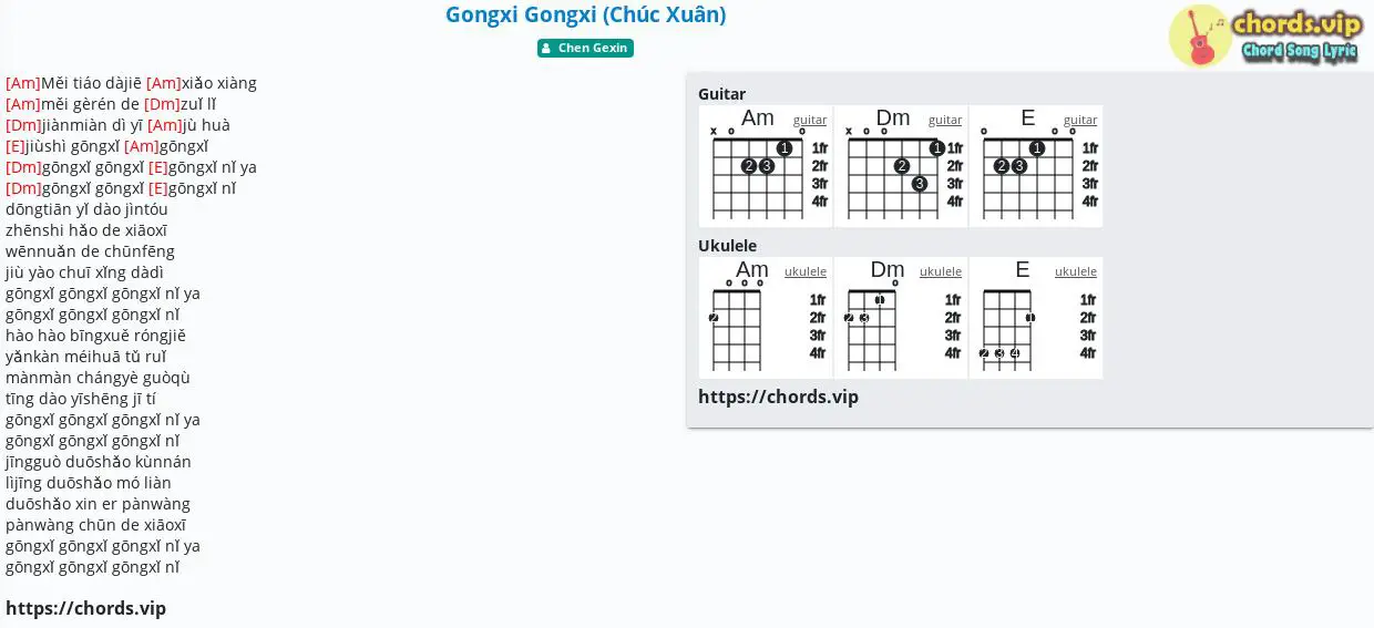 Chord Gongxi Gongxi Chuc Xuan Chen Gexin Tab Song Lyric
