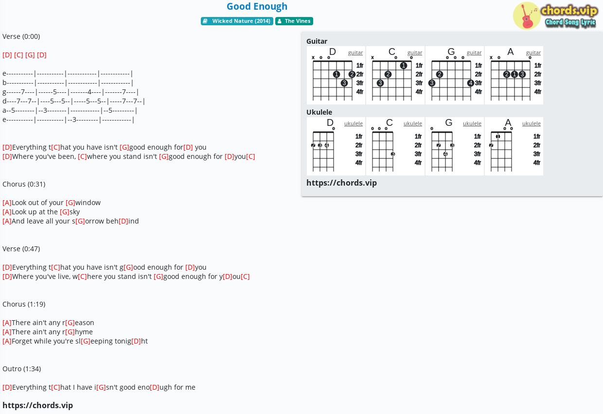 Chord Good Enough The Vines Tab Song Lyric Sheet Guitar Ukulele Chords Vip