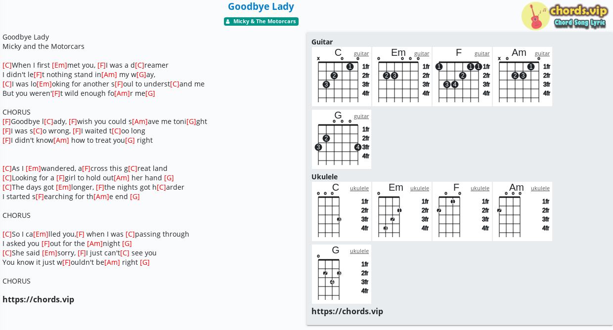 Chord Goodbye Lady Micky The Motorcars Tab Song Lyric Sheet Guitar Ukulele Chords Vip