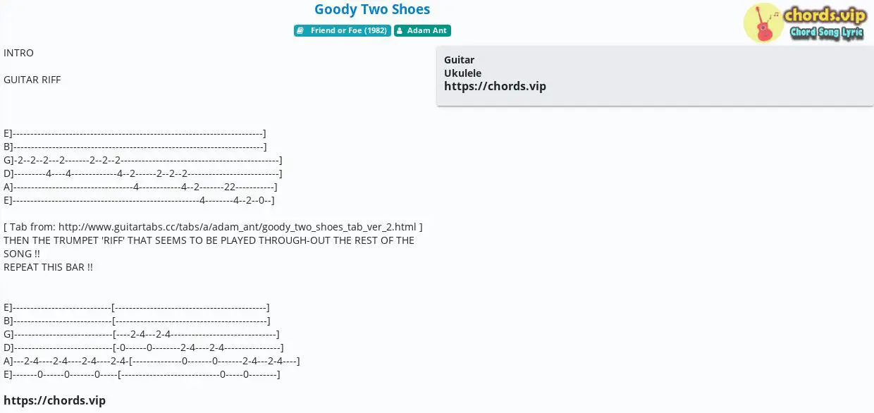 Hợp âm: Goody Two Shoes - Adam Ant - cảm âm, tab guitar, ukulele - lời bài  hát 