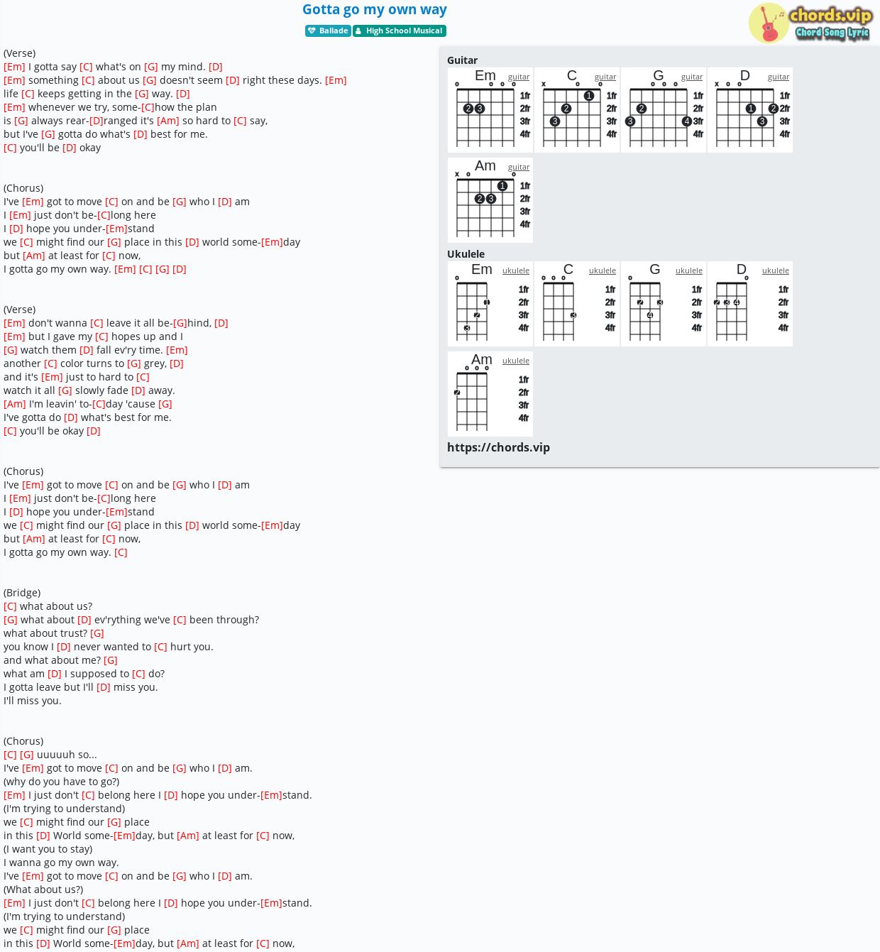 Chord Gotta Go My Own Way High School Musical Tab Song Lyric Sheet Guitar Ukulele Chords Vip