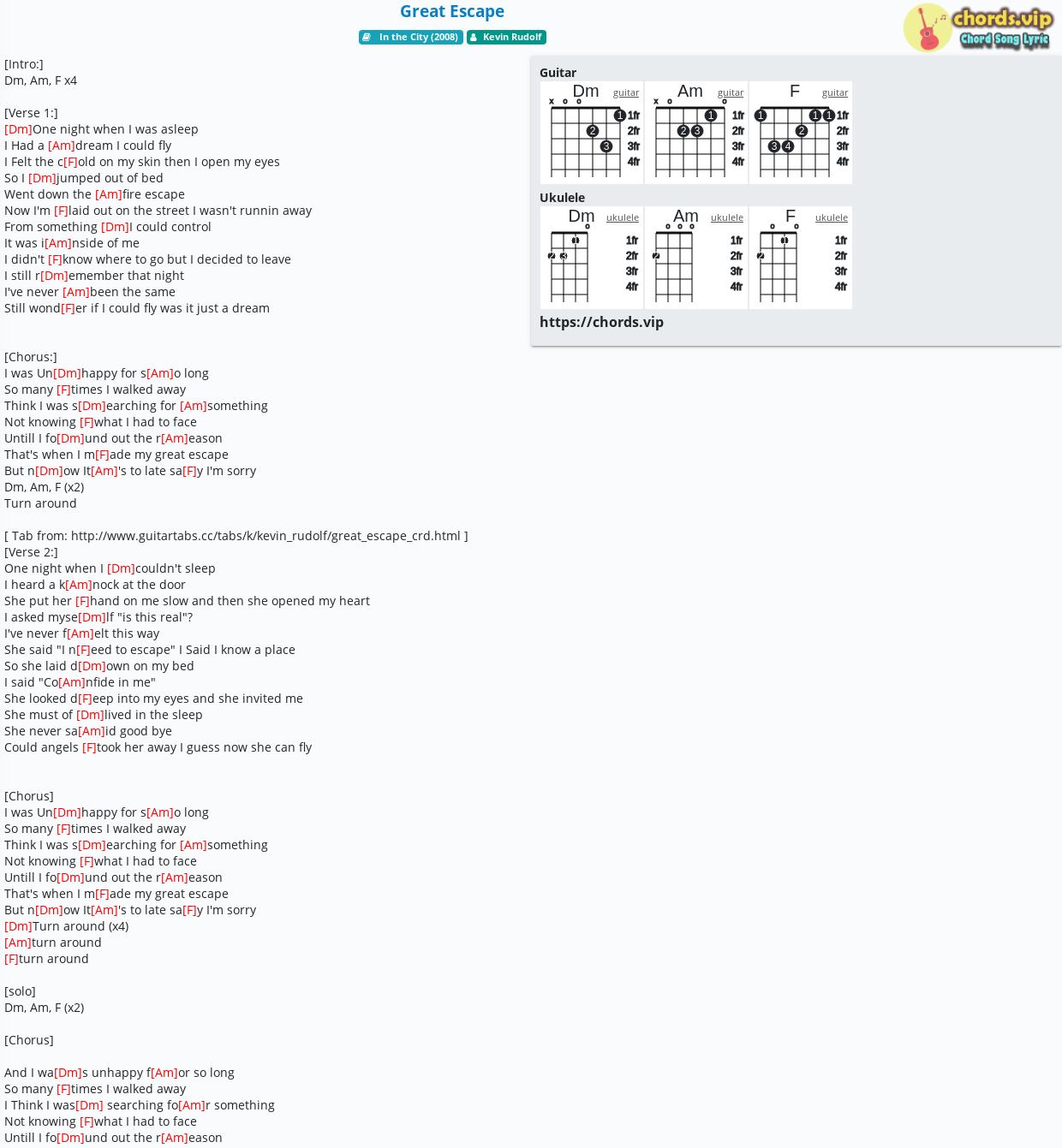 Chord Great Escape Kevin Rudolf Tab Song Lyric Sheet Guitar Ukulele Chords Vip