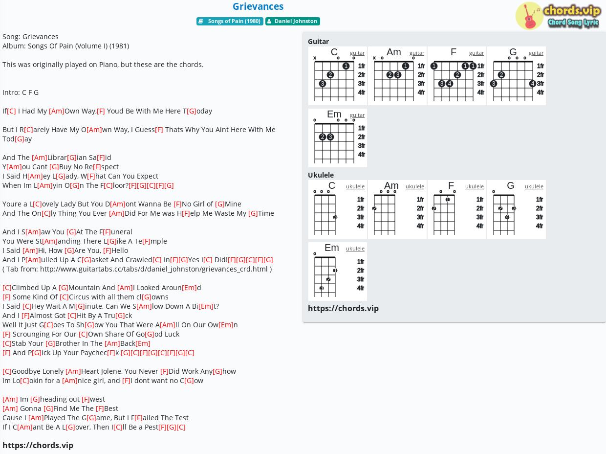 Chord Grievances Daniel Johnston Tab Song Lyric Sheet Guitar Ukulele Chords Vip