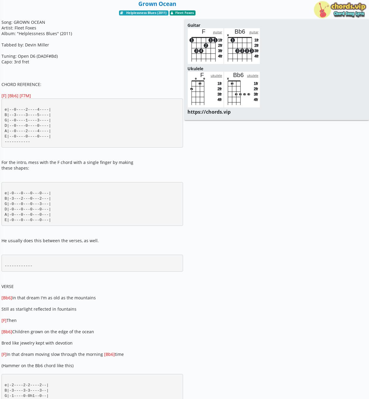 Chord Grown Ocean Fleet Foxes tab, song lyric, sheet, guitar