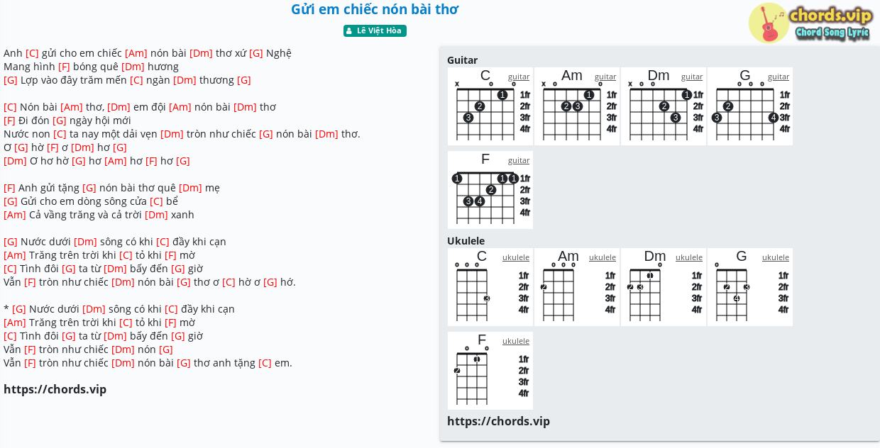Chord Gửi Em Chiếc Non Bai Thơ Le Việt Hoa Tab Song Lyric Sheet Guitar Ukulele Chords Vip