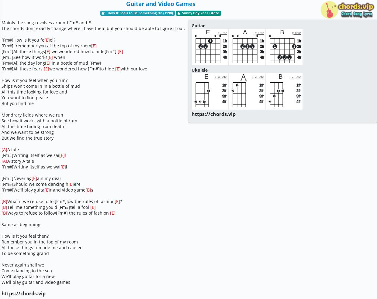 Chord Guitar And Video Games Sunny Day Real Estate Tab Song Lyric Sheet Guitar Ukulele Chords Vip